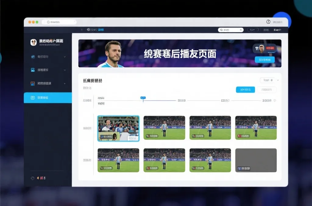 比赛结束后，电视屏幕展示集锦回放页面，旁边有时间轴和多角度切换提示